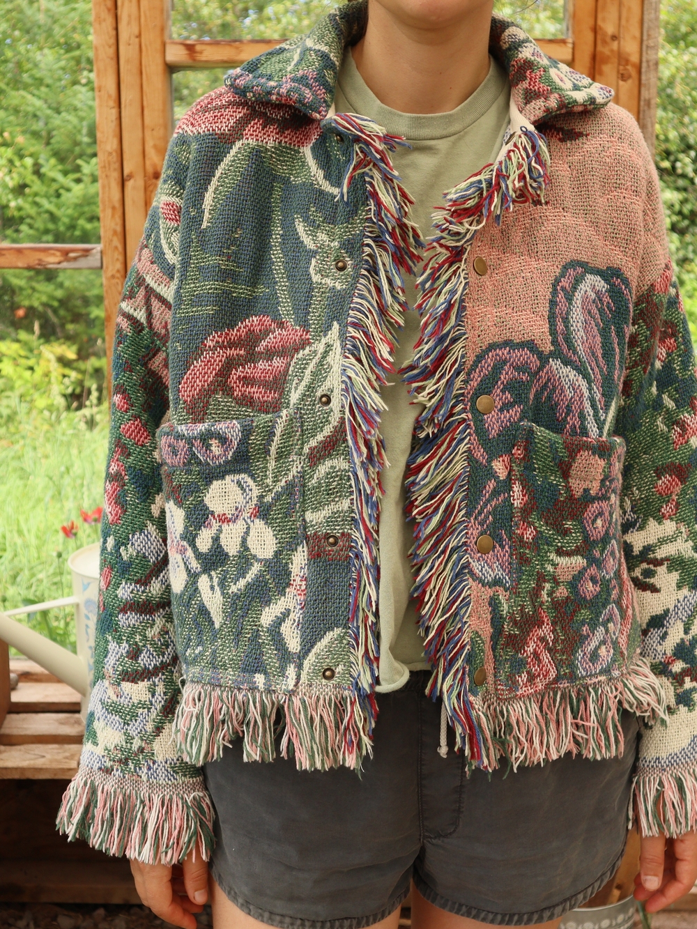 Upcycled Vintage Blanket Jacket With Fringe Garden Flowers Cottagecore - Picture 14 of 16